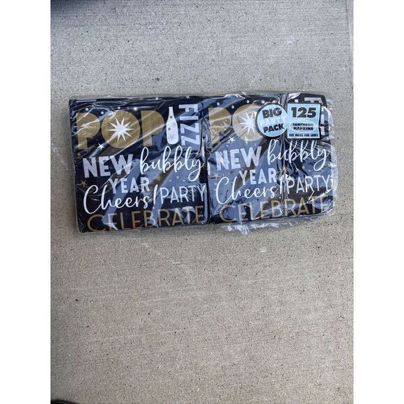 Black, Gold & Silver NYE Beverage Napkins 125ct. NEW 6.5”x6.5” Square - Picture 1 of 5